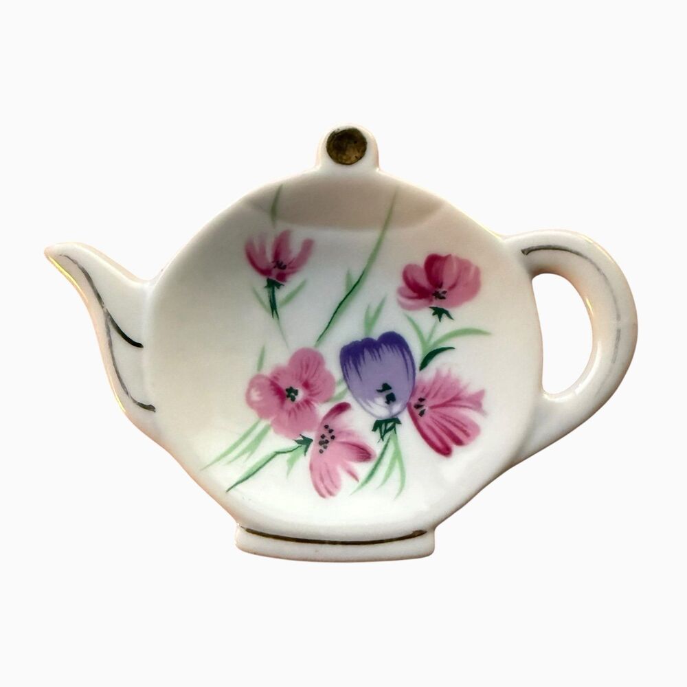 Vintage Lefton China Teapot Tea Bag Holder Trinket Dish